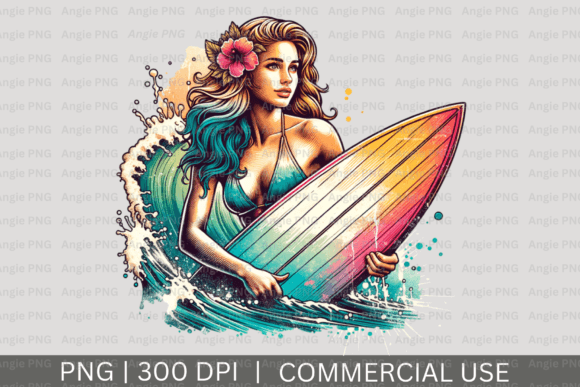 Summer Retro Girl Surfer PNG Clipart for Crafts and Graphics